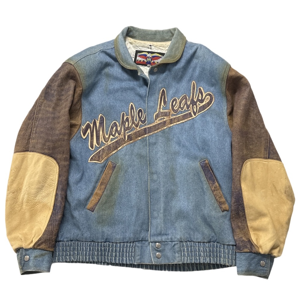 '94 JEFF HAMILTON X NHL TML men's letterman style denim leather jacket, M.
